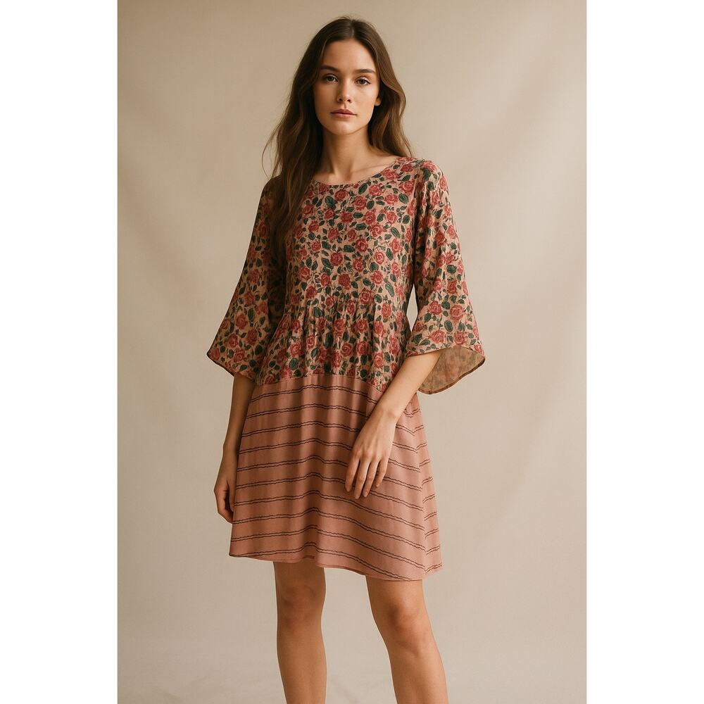 The GREAT. Silk Floral Print Striped Pink Mini Dress Long Sleeve XS